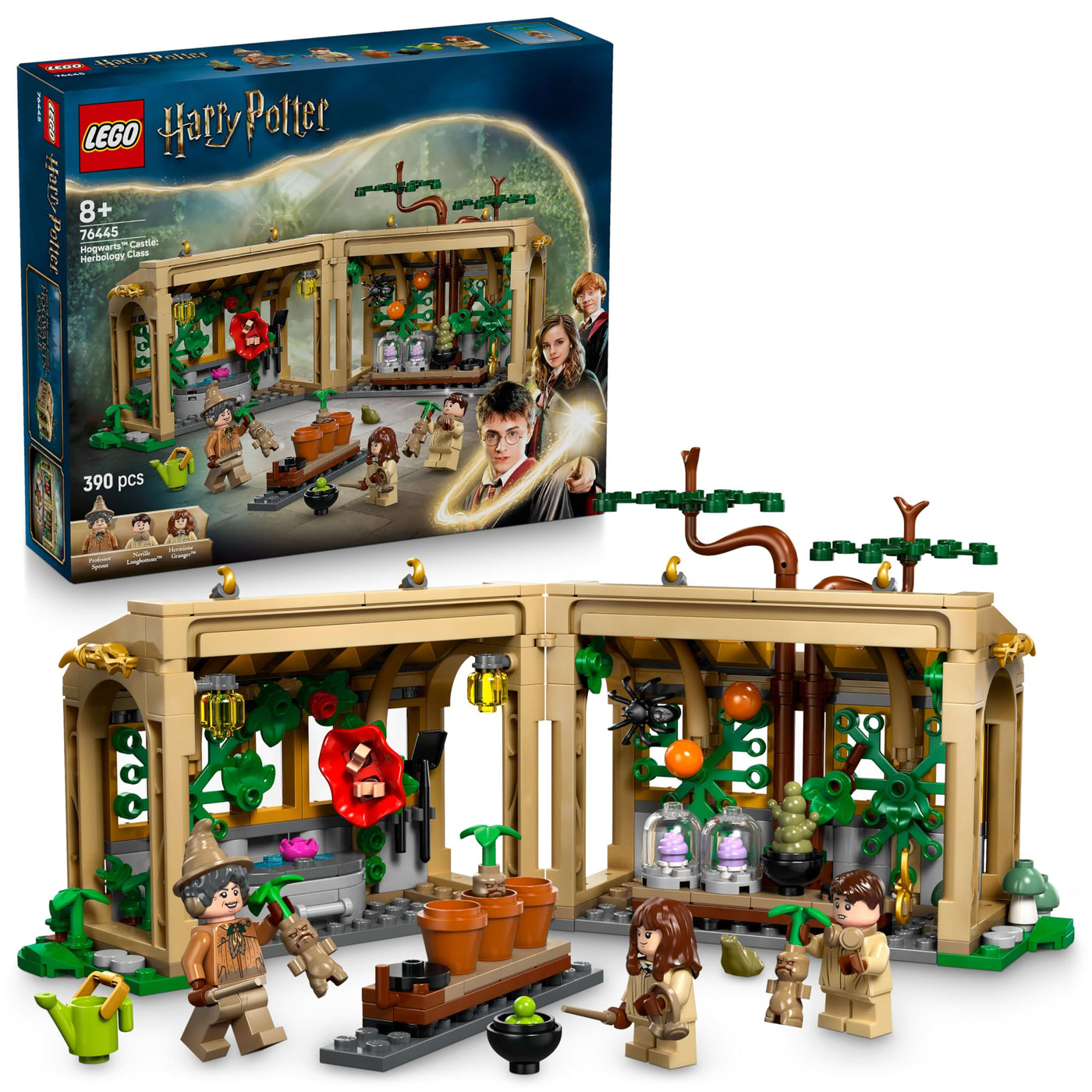 LEGO Harry Potter Schloss Hogwarts: Kräuterkundeunterricht – Spielset mit Neville Longbottom, Hermine Granger, Professor Sprout, 3 Alraunen und Gewächshaus – Geschenk für Kinder ab 8 Jahren – 76445