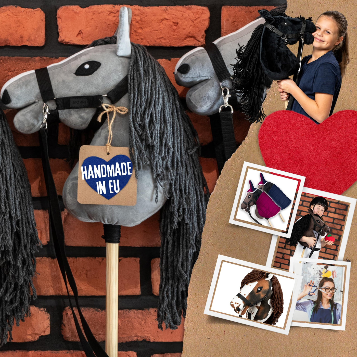 SKIPPI Hobby Horse Graues, Steckenpferd mit Halfter und Zügeln im Set, Hobby Horsing Pferd A3