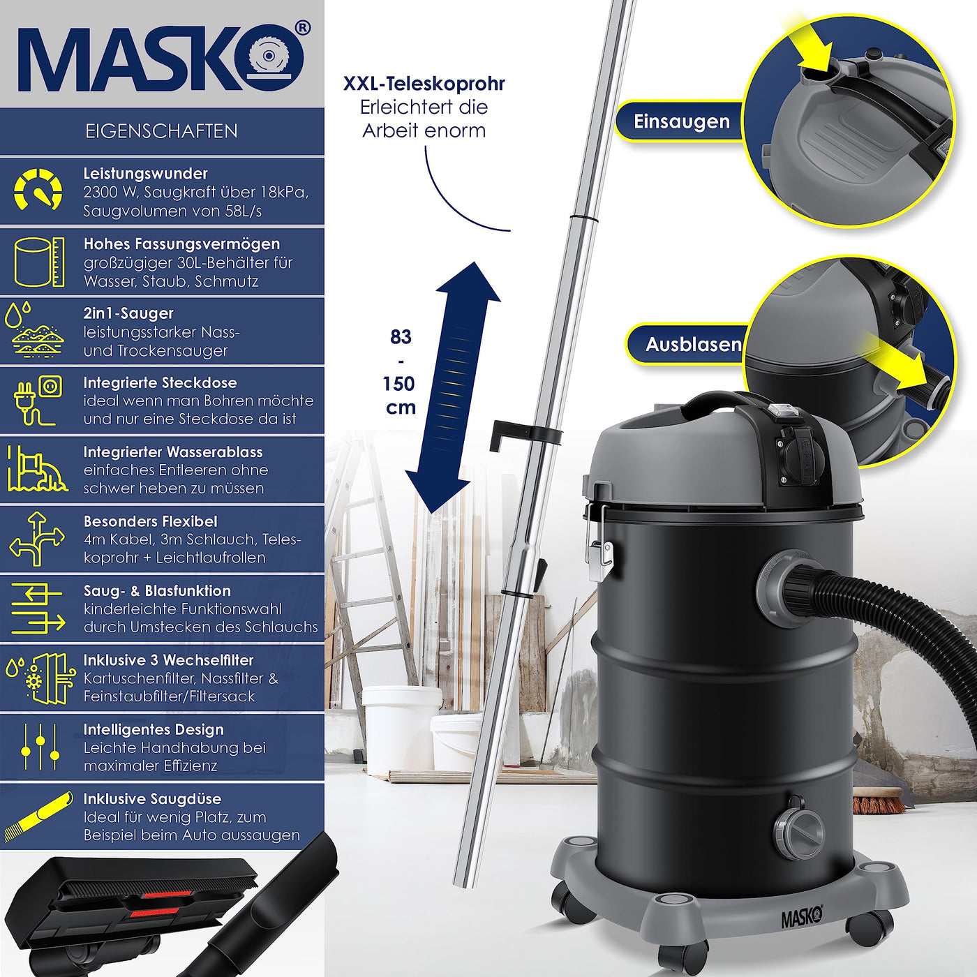 MASKO® Industriestaubsauger Staubsauger Nass Trocken Sauger Edelstahl 2300W + Steckdose | Blasfunktion | Trocken-Saugen & Nass-Saugen | Push&Clean | Industrie-Sauger mit & ohne Beutel | beutellos