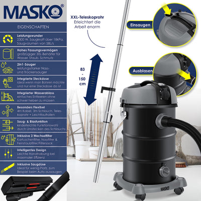MASKO® Industriestaubsauger Staubsauger Nass Trocken Sauger Edelstahl 2300W + Steckdose | Blasfunktion | Trocken-Saugen & Nass-Saugen | Push&Clean | Industrie-Sauger mit & ohne Beutel | beutellos