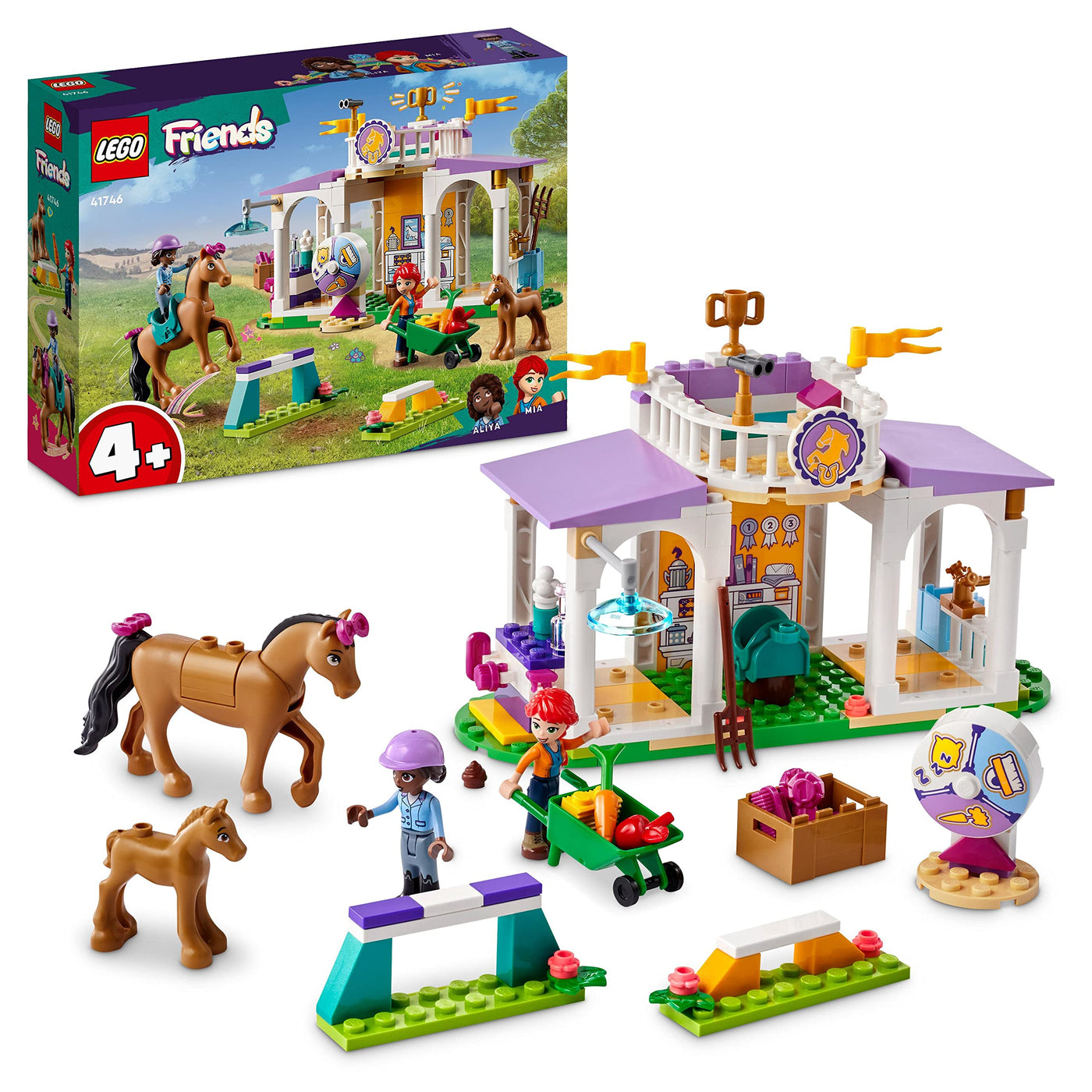 LEGO 41746 Friends Reitschule Set mit 2 Spielzeug-Pferden, Aliya und Mia Mini-Puppen, Reitstall- und Pferdespielzeug, Tierpflege-Geschenk für Kinder, Mädchen und Jungen ab 4 Jahre