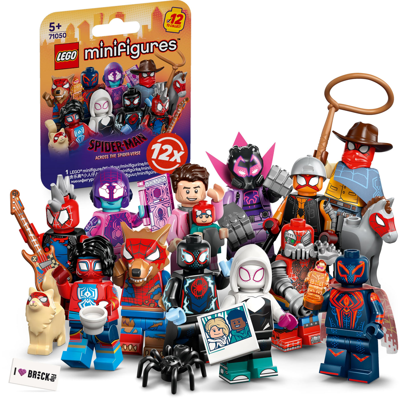 Lego Spiderman Minifiguren Serie mit 12 Spider-Man Figuren: Komplett-Set der Lego Minifiguren Serie 71050 Across The Spider-Verse (inkl. bedruckter Fliese)