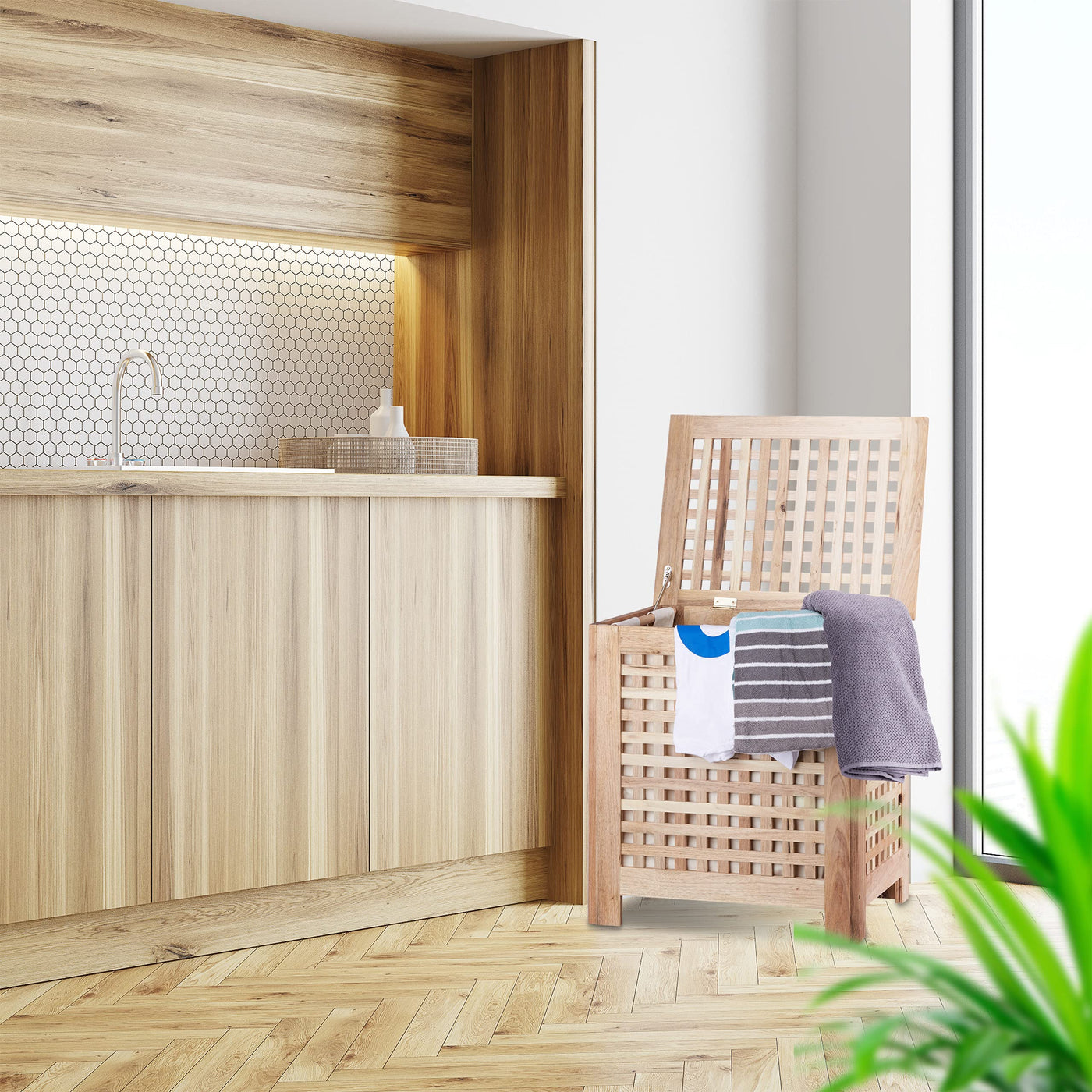 Relaxdays Wäschetruhe Walnuss mit Deckel, entnehmbarer Wäschesack ca. 70 l Volumen, geschlossener Wäschesammler Holz HBT ca. 55,5 x 52,5 x 39,5 cm, natur