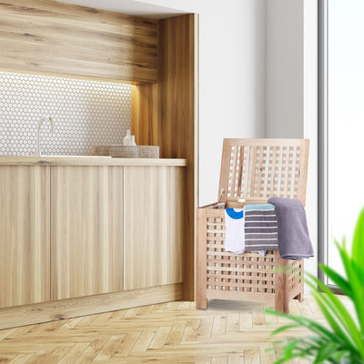 Relaxdays Wäschetruhe Walnuss mit Deckel, entnehmbarer Wäschesack ca. 70 l Volumen, geschlossener Wäschesammler Holz HBT ca. 55,5 x 52,5 x 39,5 cm, natur