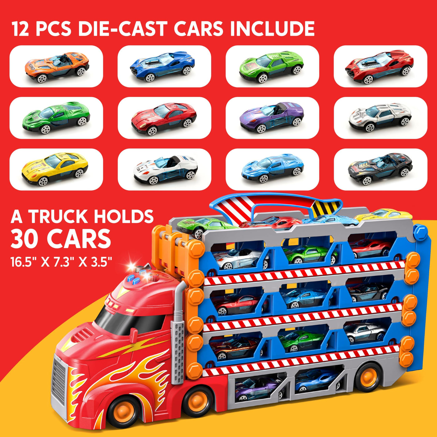 SYNCFUN Transport Renn Truck Spielzeugautos,riesiges Rennstrecken Truck Spielzeug,faltbares Set mit 12 Metallautos,Lichtern und Geräuschen,Geschenk für 3,4,5,6 und 7jährige Jungen und Mädchen