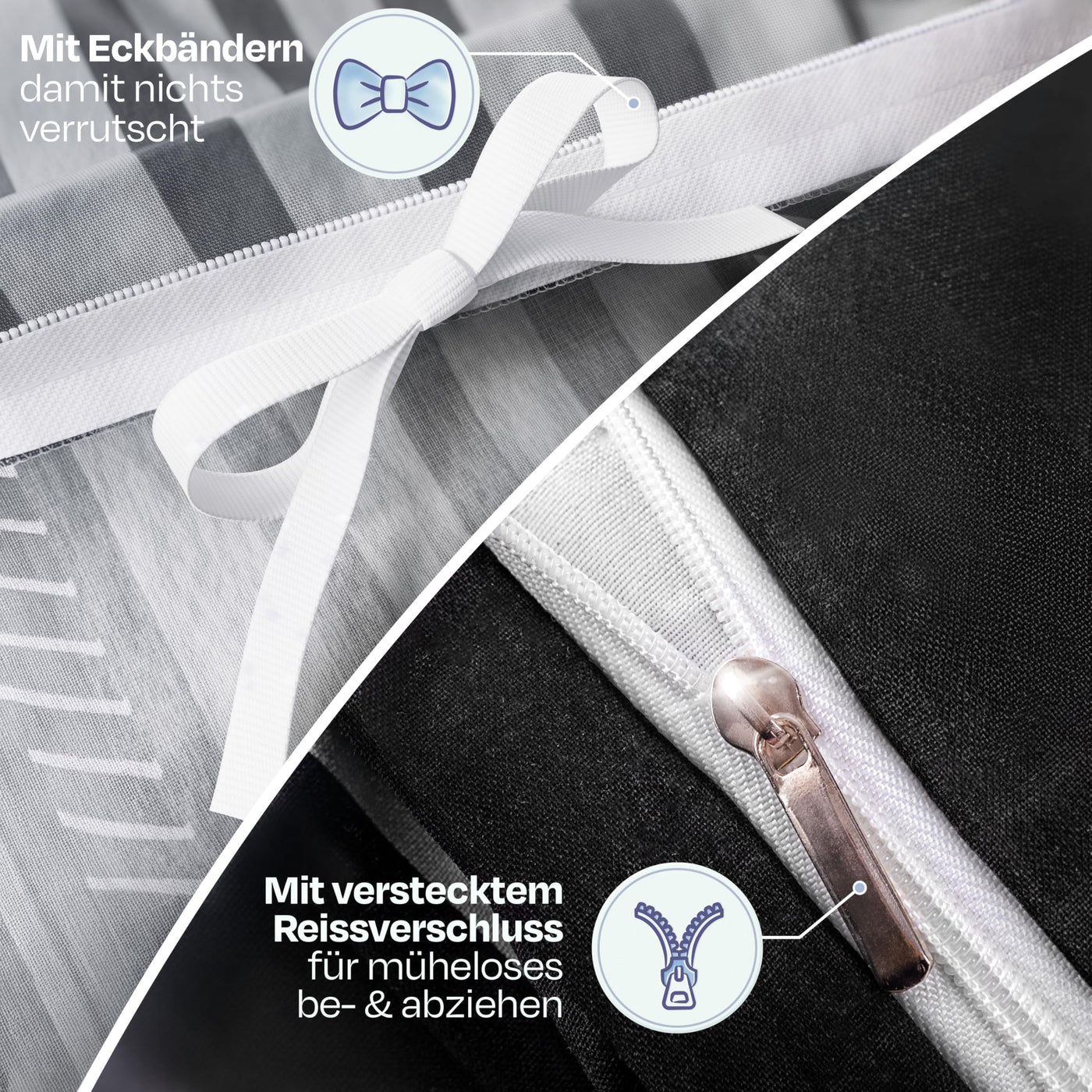 Sentidos Bettwäsche-Set 4teilig Renforcé Baumwolle 135x200 cm mit Reißverschluss Bett-Bezug, 80x80 cm Kissen-Bezug Bett-Garnitur Grau schwarz weiß (2 STK.135 x 200 cm + 2 STK. 80 x 80 cm)