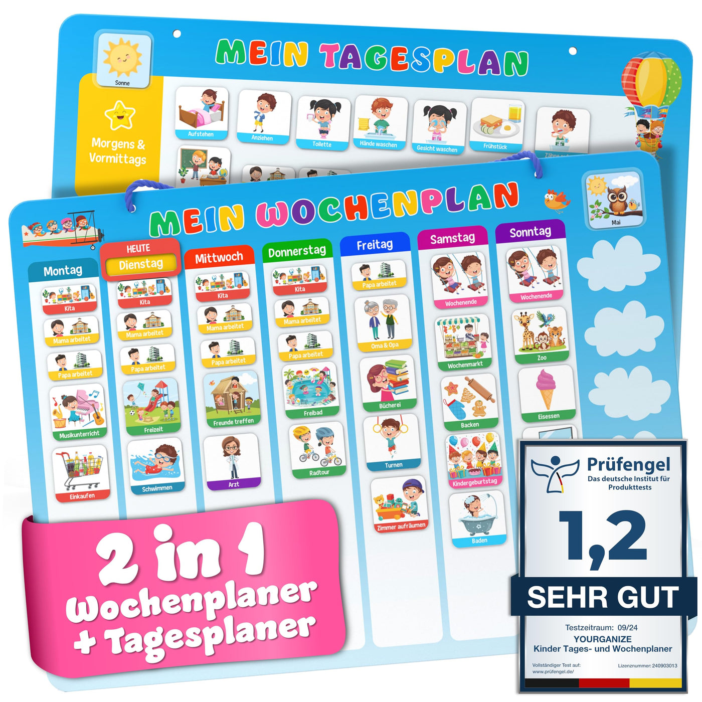 YOURGANIZE® 2-in-1 Wochenplaner Kinder & Tagesplaner Kinder inkl. 196 Magnete + 160 Sticker zum Personalisieren - Routine Planer Kinder