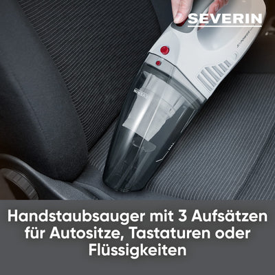 SEVERIN 3-in-1 Akku Handstaubsauger S'POWER home & car, kabelloser Nass- & Trockensauger mit 7,4V Li-Ionen Akku, Autostaubsauger inkl. 12V-Ladekabel, weiß/rot, HV 7144