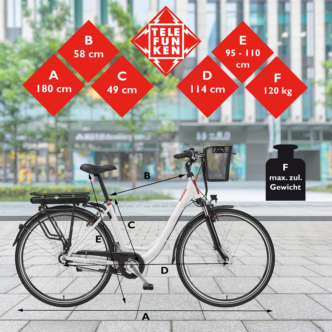 TELEFUNKEN E-Bike 28 Zoll Elektrofahrrad Alu mit 7-Gang Shimano Nabenschaltung, Pedelec Citybike mit Fahrradkorb, 250W und 13Ah, 36V Lithium-Ionen-Akku Multitalent weiß + ‎Sekura Fahrradschloss