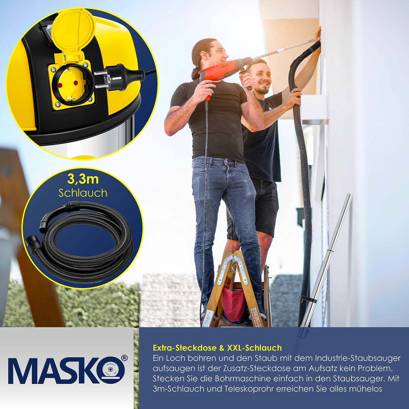 MASKO® Industriestaubsauger Staubsauger Nass Trocken Sauger Edelstahl 2300W + Steckdose | Blasfunktion | Trocken-Saugen & Nass-Saugen | Push&Clean | Industrie-Sauger mit & ohne Beutel | beutellos