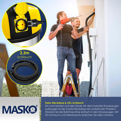 MASKO® Industriestaubsauger Staubsauger Nass Trocken Sauger Edelstahl 2300W + Steckdose | Blasfunktion | Trocken-Saugen & Nass-Saugen | Push&Clean | Industrie-Sauger mit & ohne Beutel | beutellos