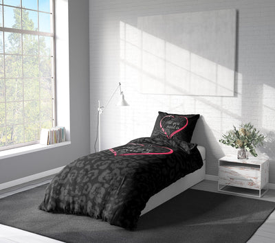 Leonado Vicenti Partner Bettwäsche 135x200 4 teilig Microfaser Schwarz mit Herz in Pink und Love Fotodruck mit Reißverschluss