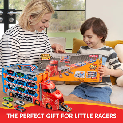SYNCFUN Transport Renn Truck Spielzeugautos,riesiges Rennstrecken Truck Spielzeug,faltbares Set mit 12 Metallautos,Lichtern und Geräuschen,Geschenk für 3,4,5,6 und 7jährige Jungen und Mädchen