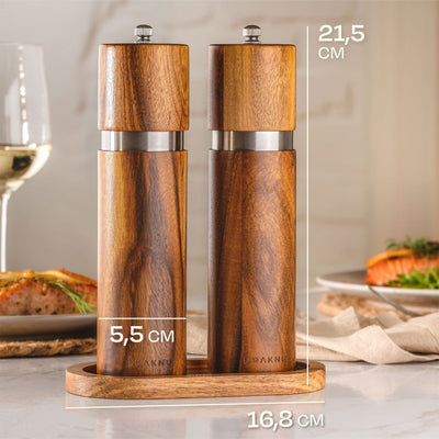 Salz und Pfeffermühle aus Akazienholz mit Untersetzer - Nachhaltiges FSC® Holz - Langlebiges Keramikmahlwerk - Plastikfrei