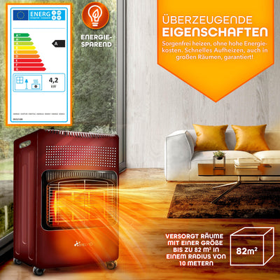 TRESKO 4200 Watt Gasheizung inkl. Gasdruckregler Gasschlauch + Abdeckung | Gasheizer Gasofen Gasheizofen mit 3 Stufen | Infrarot Gasheizgerät, Strahlend (Rot)