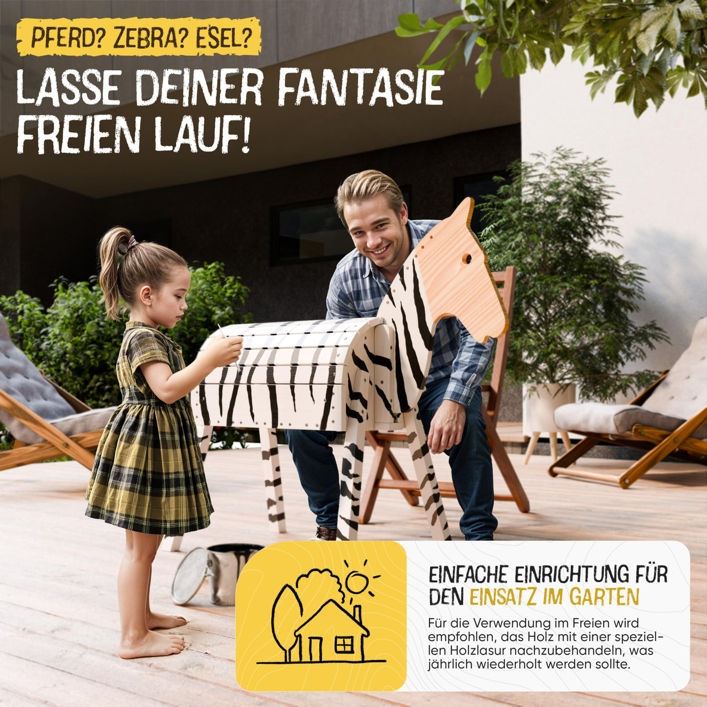 FRIEDO - Holzpferd mit Sattel (Sitzkissen) & Pferdegeschirr - Höhenverstellbares Spielpferd (101cm - 106cm) - Holzpferd für draußen im Garten geeignet - Perfekt für Kinder aus unbehandeltem Naturholz