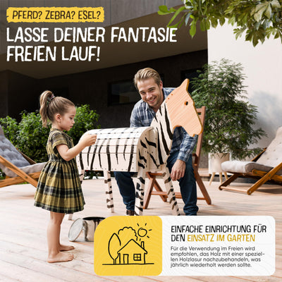 FRIEDO - Holzpferd mit Sattel (Sitzkissen) & Pferdegeschirr - Höhenverstellbares Spielpferd (101cm - 106cm) - Holzpferd für draußen im Garten geeignet - Perfekt für Kinder aus unbehandeltem Naturholz