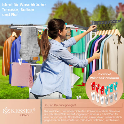 KESSER® Wäscheständer-Turm mit Rädern Platzsparender Wäschetrockner für Innen & Außen 4-Etagen 2 drehbare Seitenflügel und 6 klappbare Ebenen Standtrockner Wäscheturm Zusammenklappbar Weiß/Anthrazit