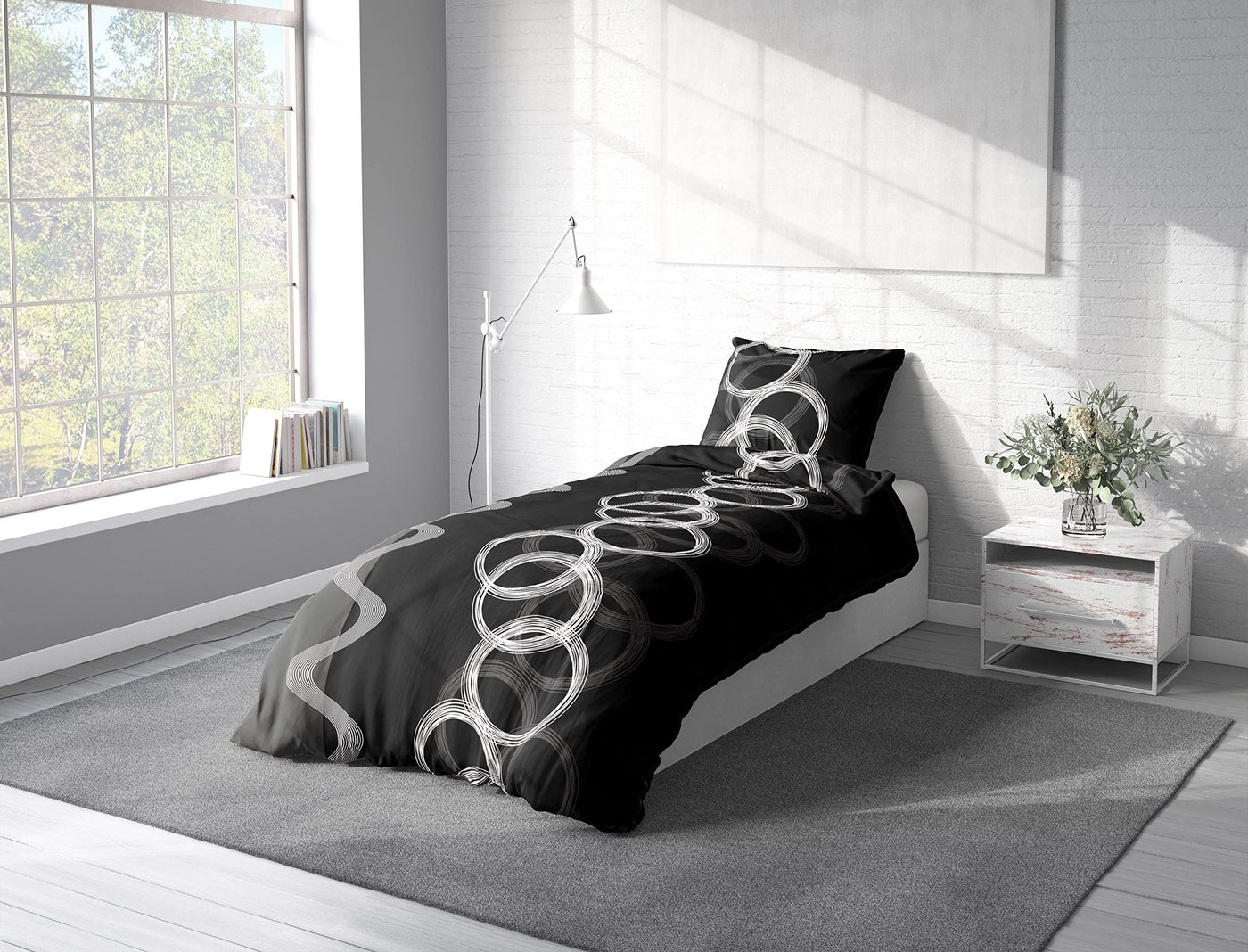 Leonado Vicenti Bettwäsche 135 x 200 cm 80 x 80 cm Mikrofaser 4 TLG Schwarz Weiß Grau Kreise Knitterfrei Pflegeleicht Unisex