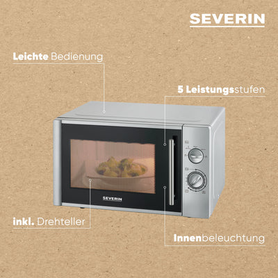 SEVERIN Mikrowelle 28L (Extra groß), Mikrowellengerät zum Auftauen und Erhitzen, Mikrowelle mit Drehteller für gleichmäßige Wärmeverteilung, 900W, Silber, MW 7772