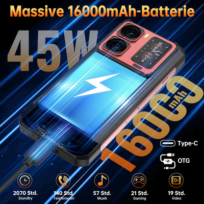 OUKITEL WP300 5G Android 15 Outdoor Handy - 36GB+512GB 16000mAh/45W 108MP+32MP Kamera Outdoor Smartphone 6,8 Zoll FHD+ 120Hz baustellenhandy/Kopfhörer mit Display/370LM Taschenlampe/IP68/NFC/OTG/GPS
