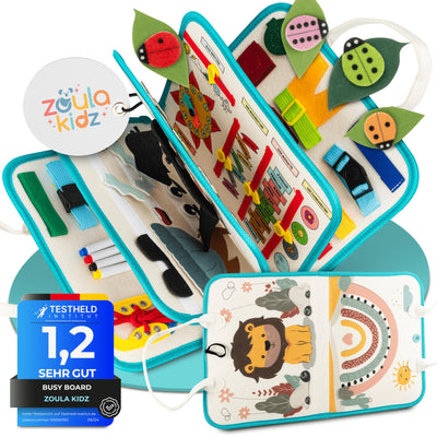 zoula kidz® Busy Board deutsch - Montessori Spielzeug ab 3 Jahre - Motorikspielzeug - Montessori Buch - Spielzeug Autofahrt - Activity Board - Kleinkind Spielzeug - Motorikbrett - Busy Book