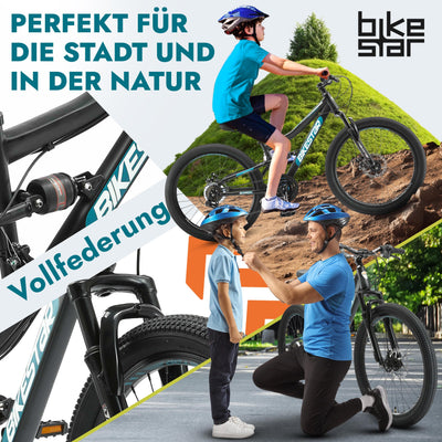 BIKESTAR Kinder Fahrrad Fully Mountainbike 21 Gang Shimano, Scheibenbremse ab 8 Jahre | 24 Zoll Kinderrad MTB | Schwarz