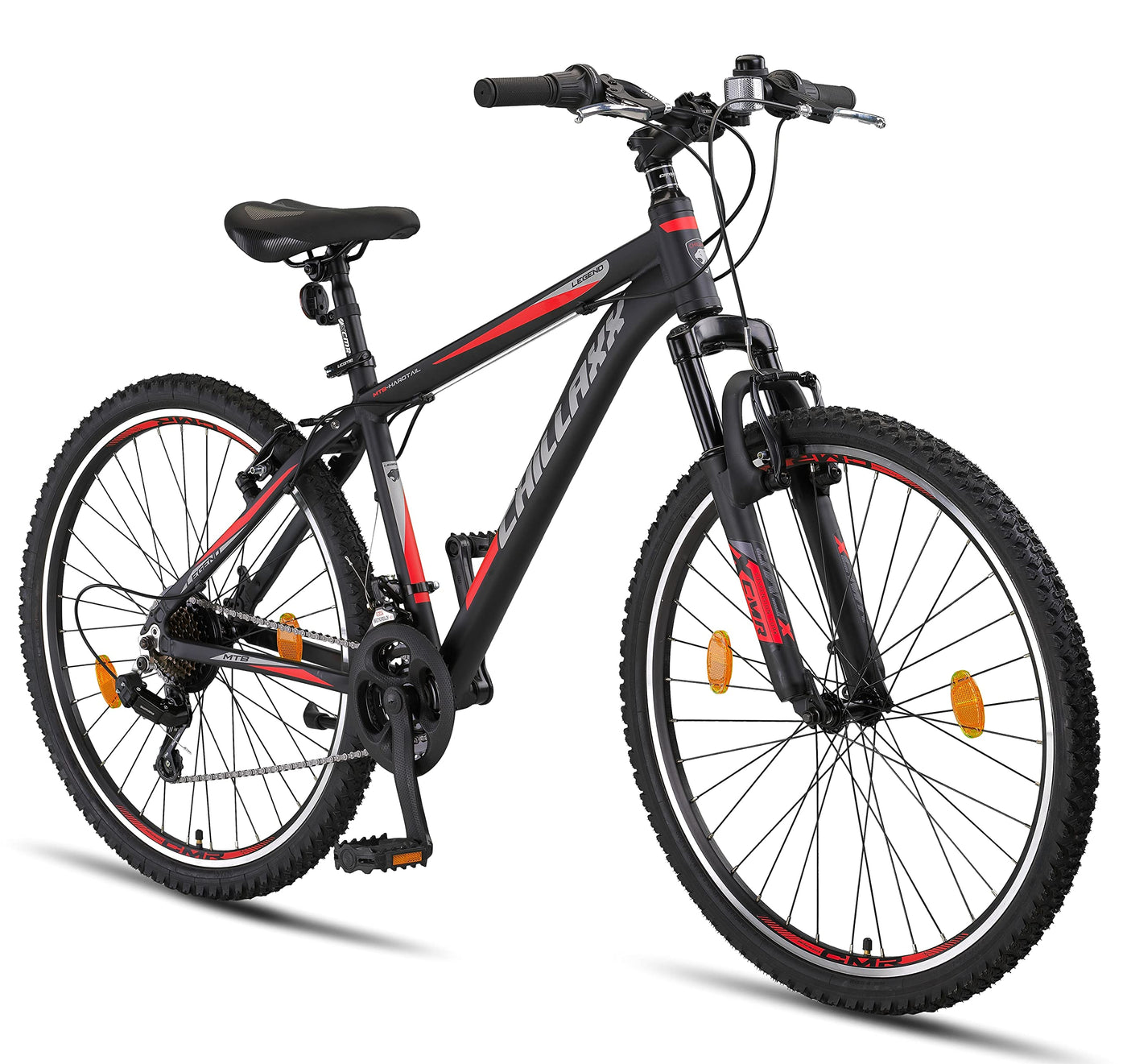 Chillaxx Bike Legend Aluminium 24, 26, 27,5 und 29 Zoll Shimano Mountainbike MTB Fahrrad für Jungen Mädchen Herren und Damen 21 Gang Schaltung Herrenrad Damenrad (26 Zoll, Schwarz-Rot V-Bremse)