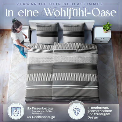 Sentidos Bettwäsche-Set 4teilig Renforcé Baumwolle 135x200 cm mit Reißverschluss Bett-Bezug, 80x80 cm Kissen-Bezug Bett-Garnitur Grau schwarz weiß (2 STK.135 x 200 cm + 2 STK. 80 x 80 cm)