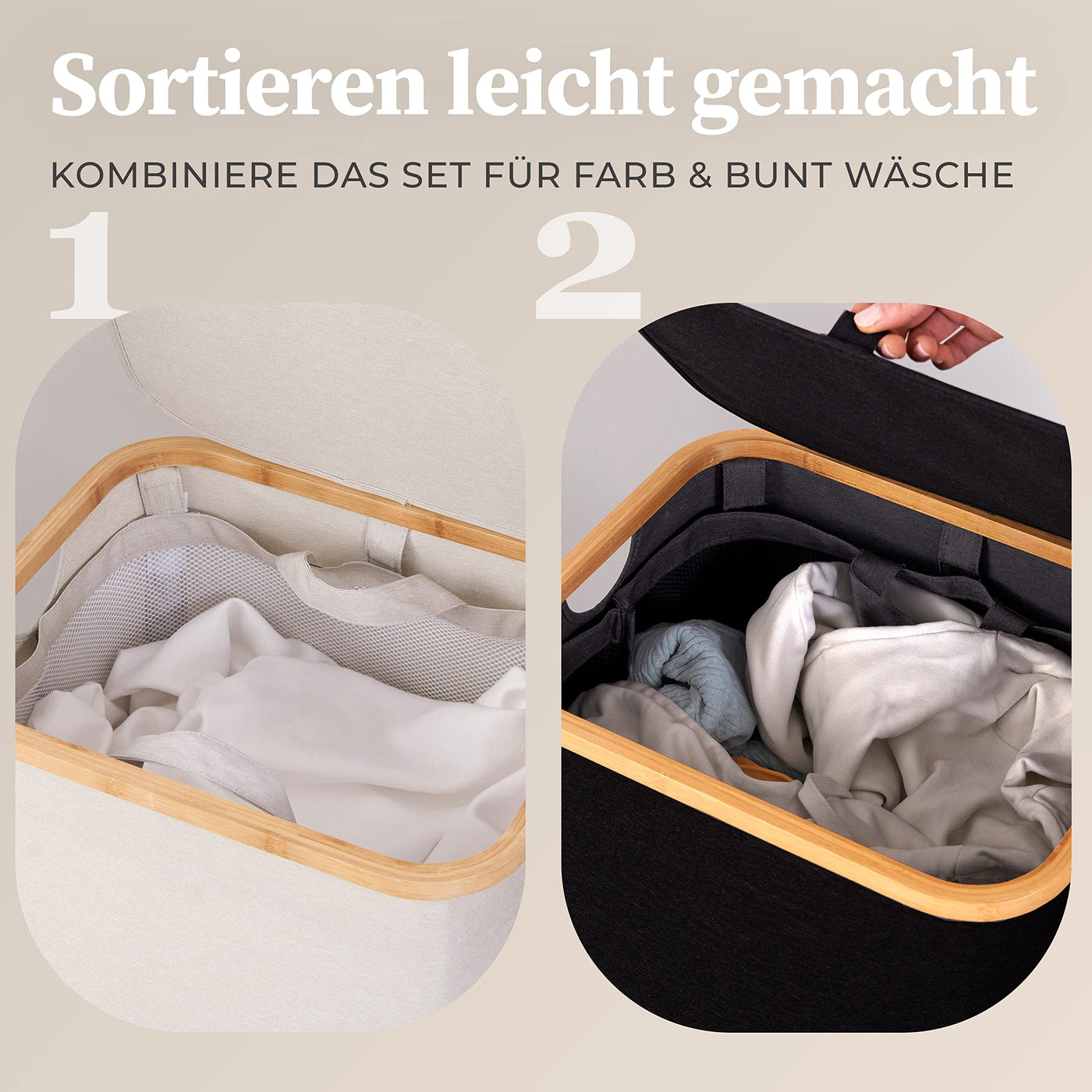 HENNEZ Wäschekorb mit Deckel – Wäschekorb mit Griff aus Bambus – Wäschekorb, faltbar, 100 l – Wäschekorb für Waschküche, Wäschekorb, Schwarz