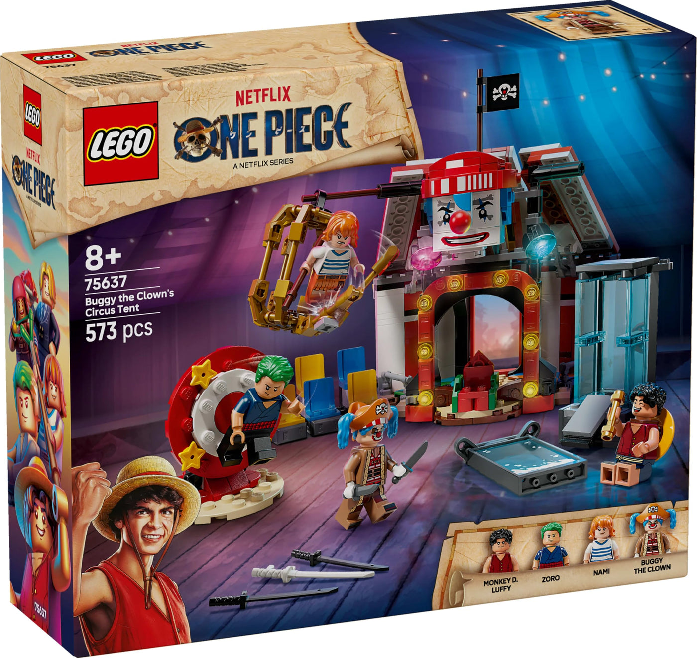LEGO ONE Piece Zirkuszelt von Buggy dem Clown - Interaktives Spielzeug mit 4 Minifiguren - Ruffy, Nami & Zoro sowie 2 Steckbriefen - Kreatives Geschenk für Jungen, Mädchen & Fans ab 8 Jahren - 75637
