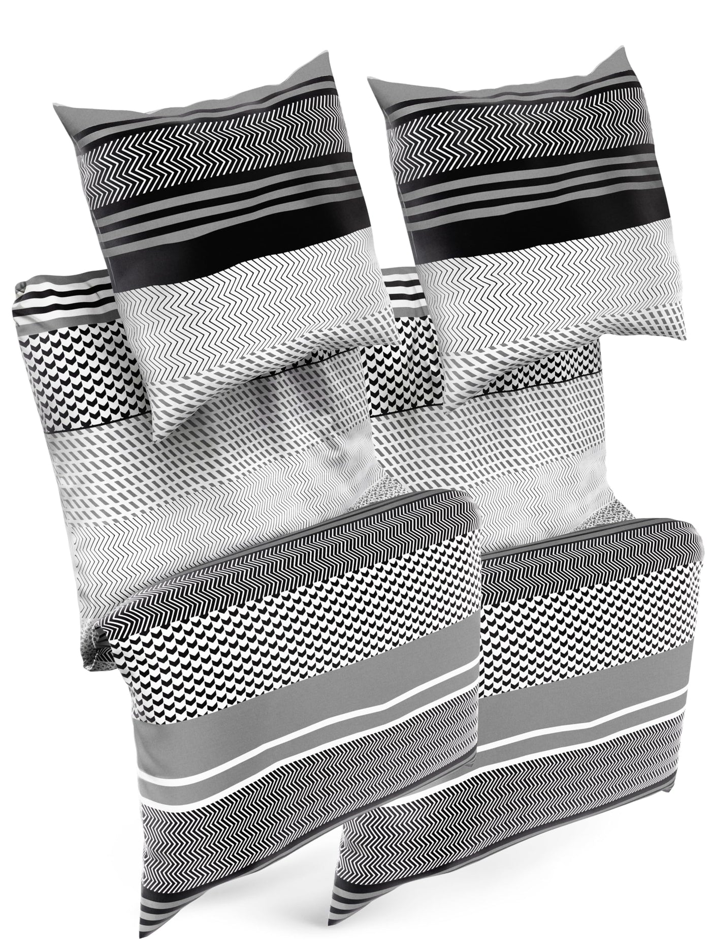 Sentidos Bettwäsche-Set 4teilig Renforcé Baumwolle 135x200 cm mit Reißverschluss Bett-Bezug, 80x80 cm Kissen-Bezug Bett-Garnitur Grau schwarz weiß (2 STK.135 x 200 cm + 2 STK. 80 x 80 cm)