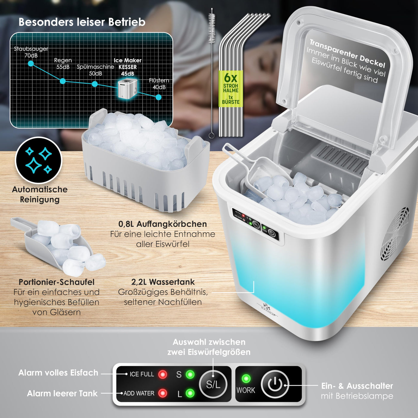 KESSER® Eiswürfelbereiter | Eiswürfelmaschine Edelstahl | Ice Maker | 12 kg 24 h | Zubereitung in 7 min | 2,2 Liter Wassertank | 2 Eiswürfel-Größen | LED-Display | Selbstreinigungsfunktion | Silber