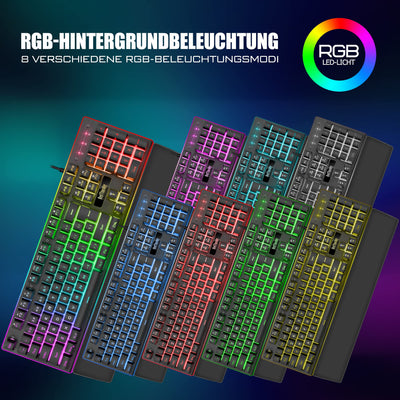 RedThunder K10 Gaming Tastatur und Maus Set, QWERTZ DE-Layout, Metallplatte und Handballenauflager,RGB-Hintergrundbeleuchtung und 7D mit Ergonomische für PC Gamer(Schwarz)