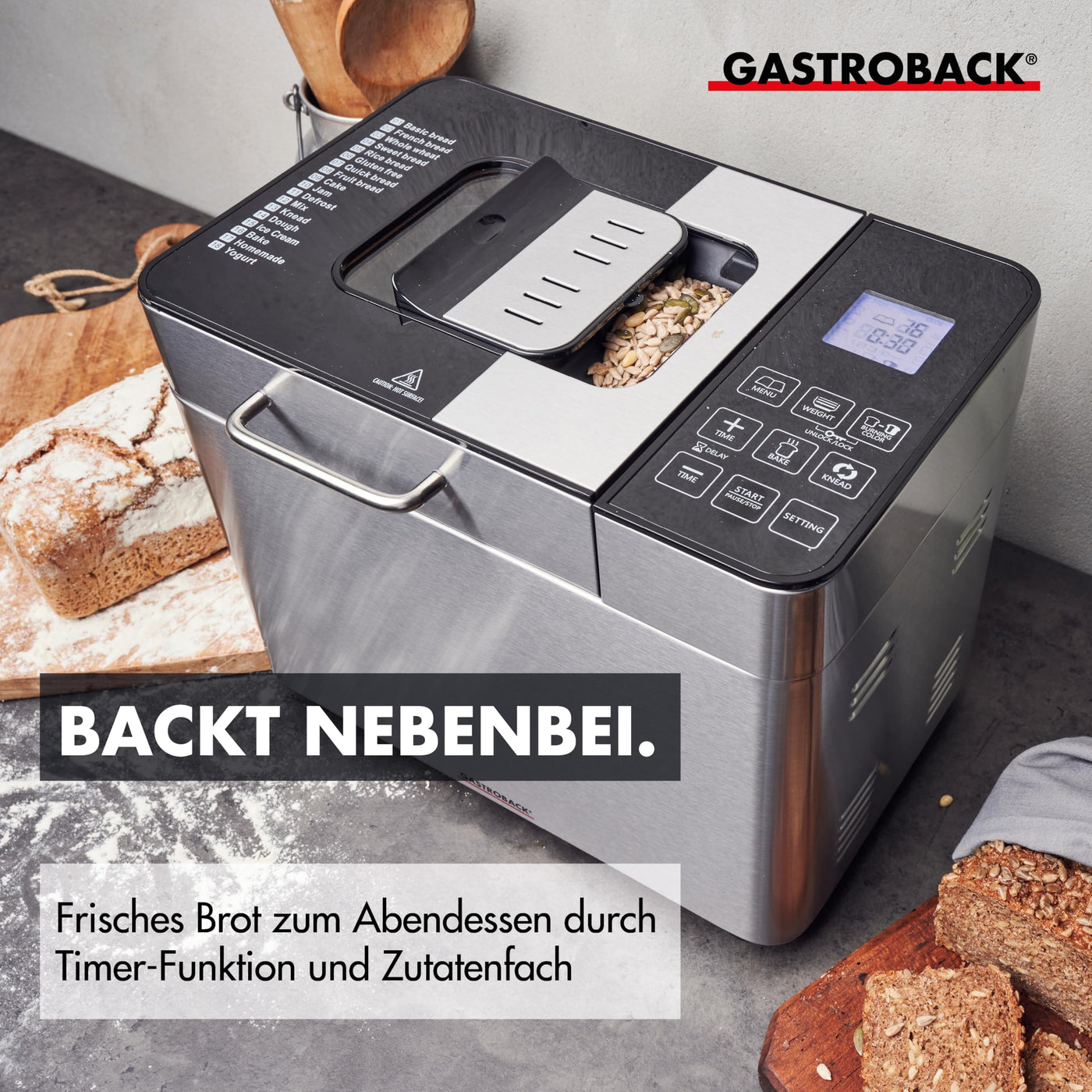 GASTROBACK Brotbackautomat Advance - Vollautomatische Brotbackmaschine + 18 Programmen inkl. Joghurtmaschine, Timer-Funktion, Zutatenfach, Sichtfenster, Brotautomat / Backmaschine in Edelstahl Optik