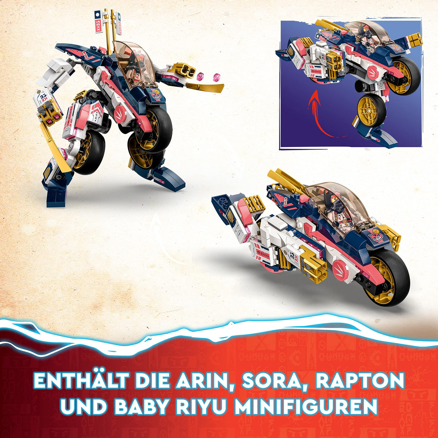 LEGO 71792 NINJAGO Soras transformierender Mech-Bike-Renner, 2in1 Set mit transformierender Mech-Actionfigur, Motorrad-Spielzeug Set mit 3 Minifiguren für Kinder, Jungen und Mädchen