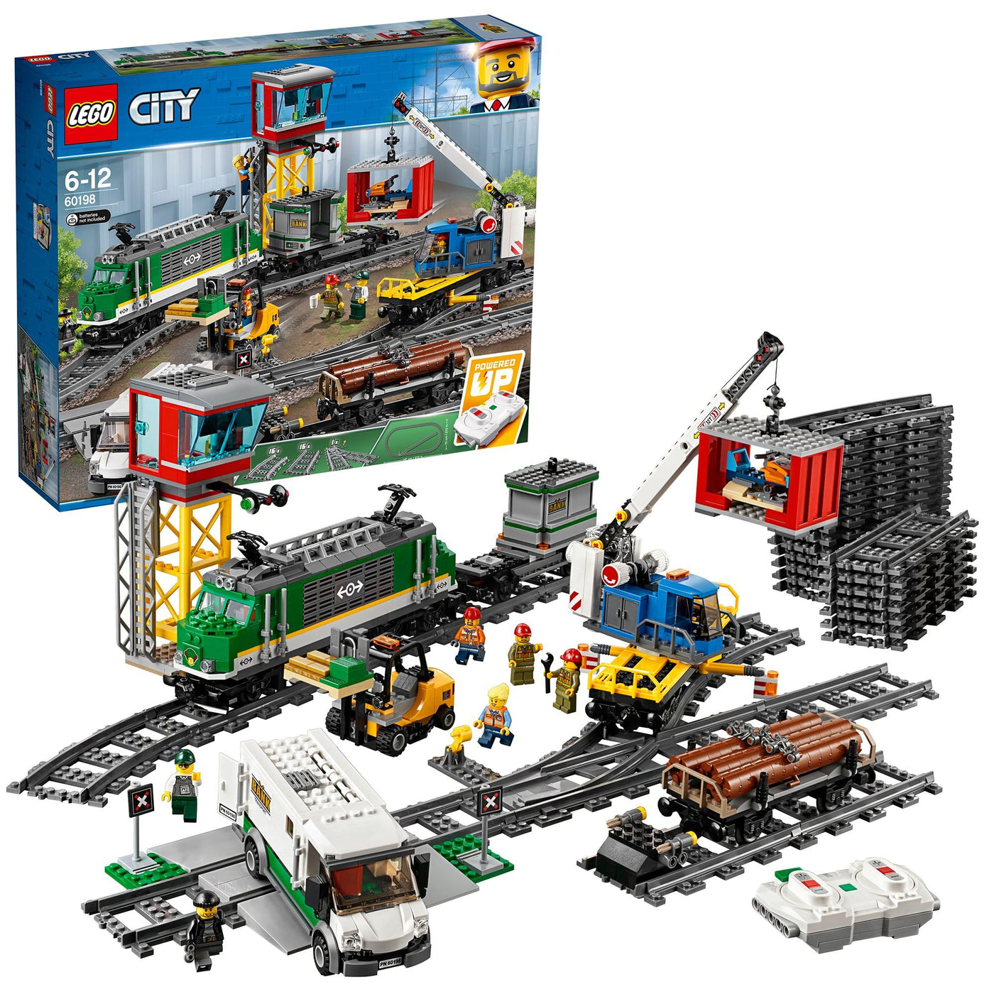 LEGO City Trains Güterzug - Zug Spielzeug, Gabelstapler, 32 Gleisstücke, Signalleuchten & 6 Minifiguren – Lokomotive Spielset für Kinder - Kreatives Geschenk für Jungen & Mädchen ab 6 Jahren - 60198