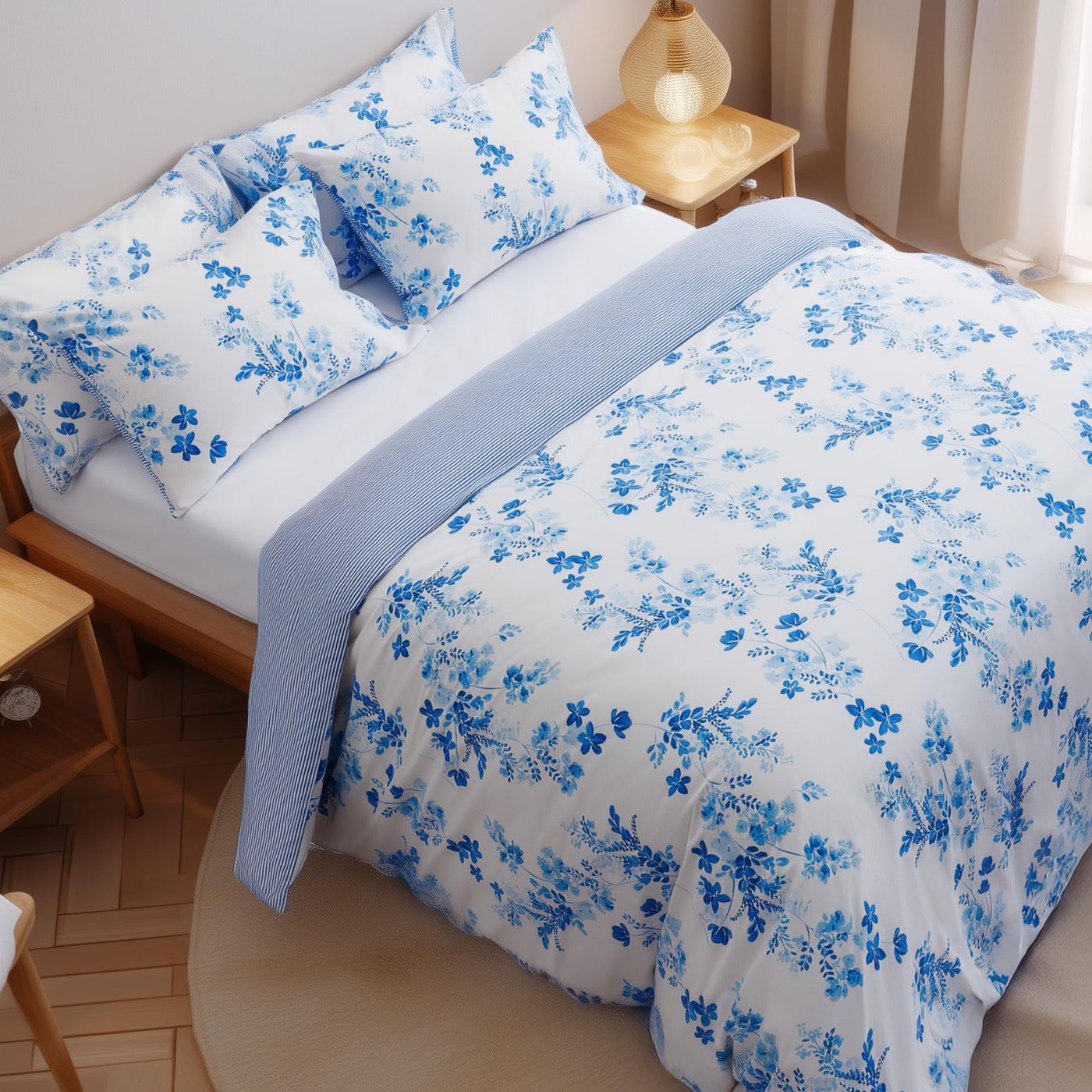 LERUUM Bettwäsche Set 140x200 Baumwolle Reversibel Streifen Blumen Blau Weiß Bettbezug (140 x 200 + 65 x 65 cm)