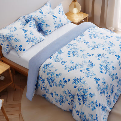 LERUUM Bettwäsche Set 140x200 Baumwolle Reversibel Streifen Blumen Blau Weiß Bettbezug (140 x 200 + 65 x 65 cm)