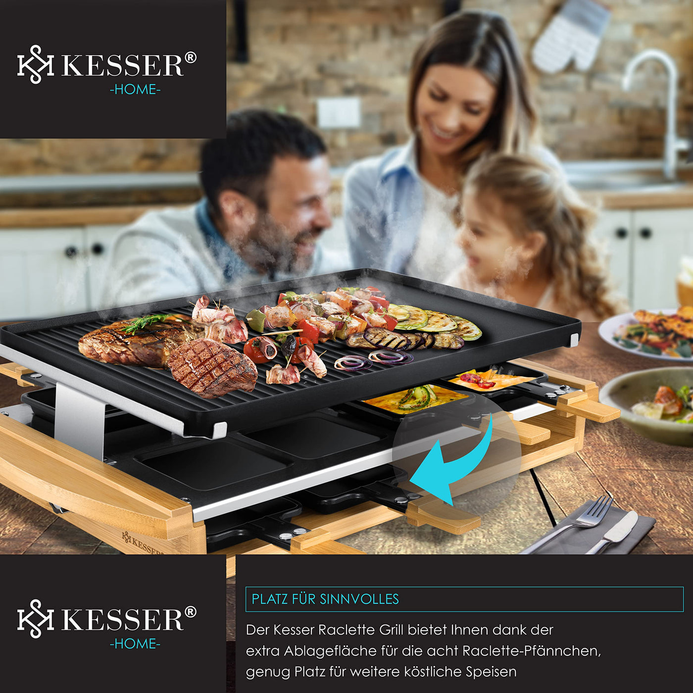 KESSER® Raclette-Grill mit Naturgrillstein, Grillplatte Tischgrill für 8 Personen, Elektrogrill Raclette Grill antihaftbeschichteter Grillplatte, 8 Pfannen und Holzspatel 1200W
