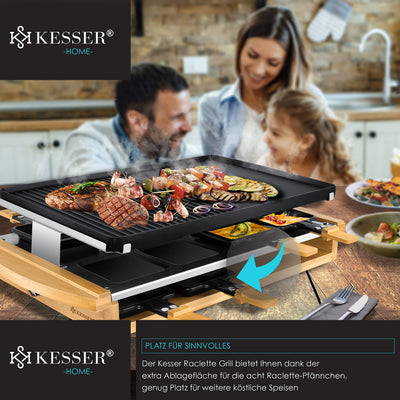 KESSER® Raclette-Grill mit Naturgrillstein, Grillplatte Tischgrill für 8 Personen, Elektrogrill Raclette Grill antihaftbeschichteter Grillplatte, 8 Pfannen und Holzspatel 1200W