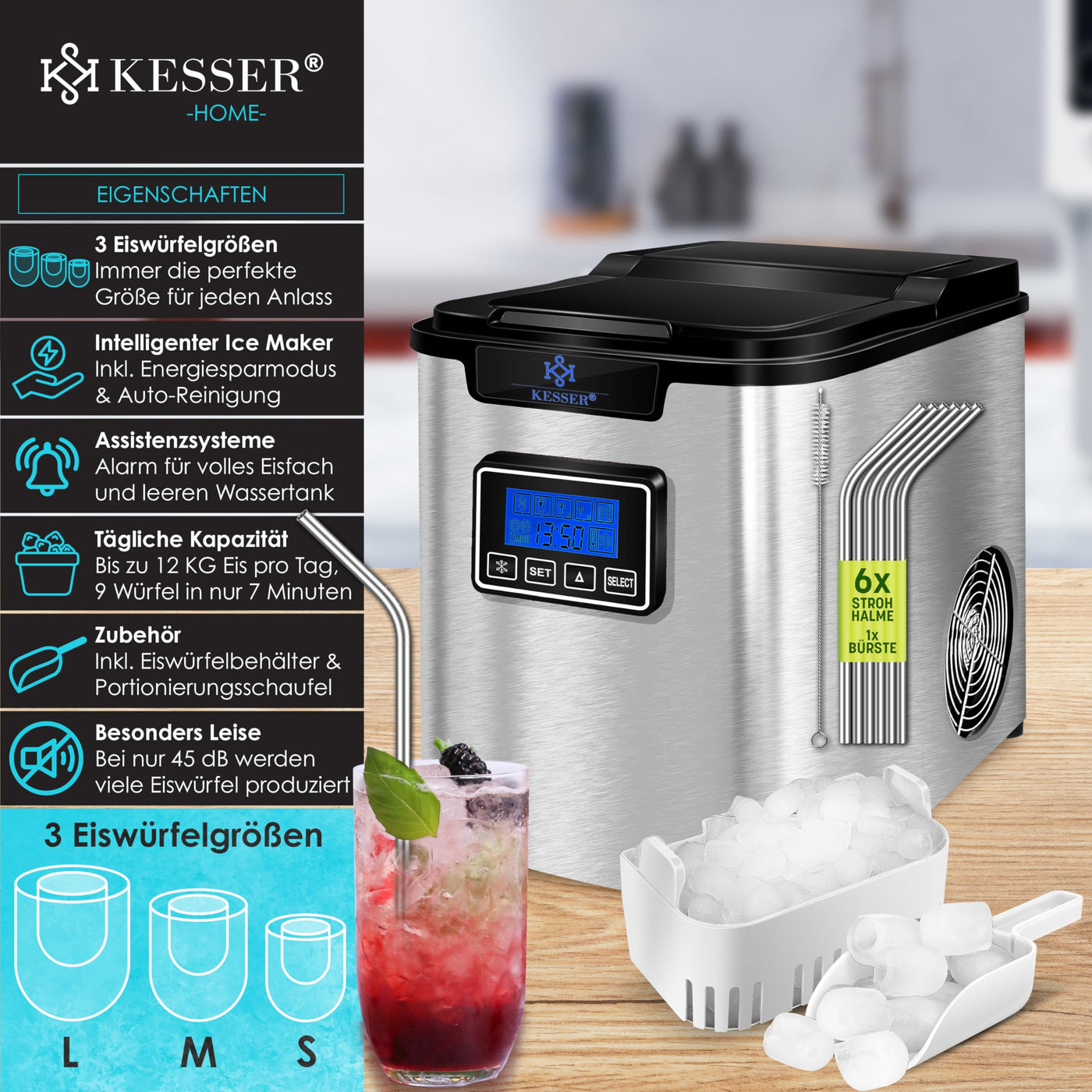 KESSER® Eiswürfelbereiter | Eiswürfelmaschine Edelstahl | 150W Ice Maker | 12 kg 24 h | 3 Würfelgrößen | Zubereitung in 7 min | 2,2 Liter Wassertank | Timer | LCD-Display | Silber