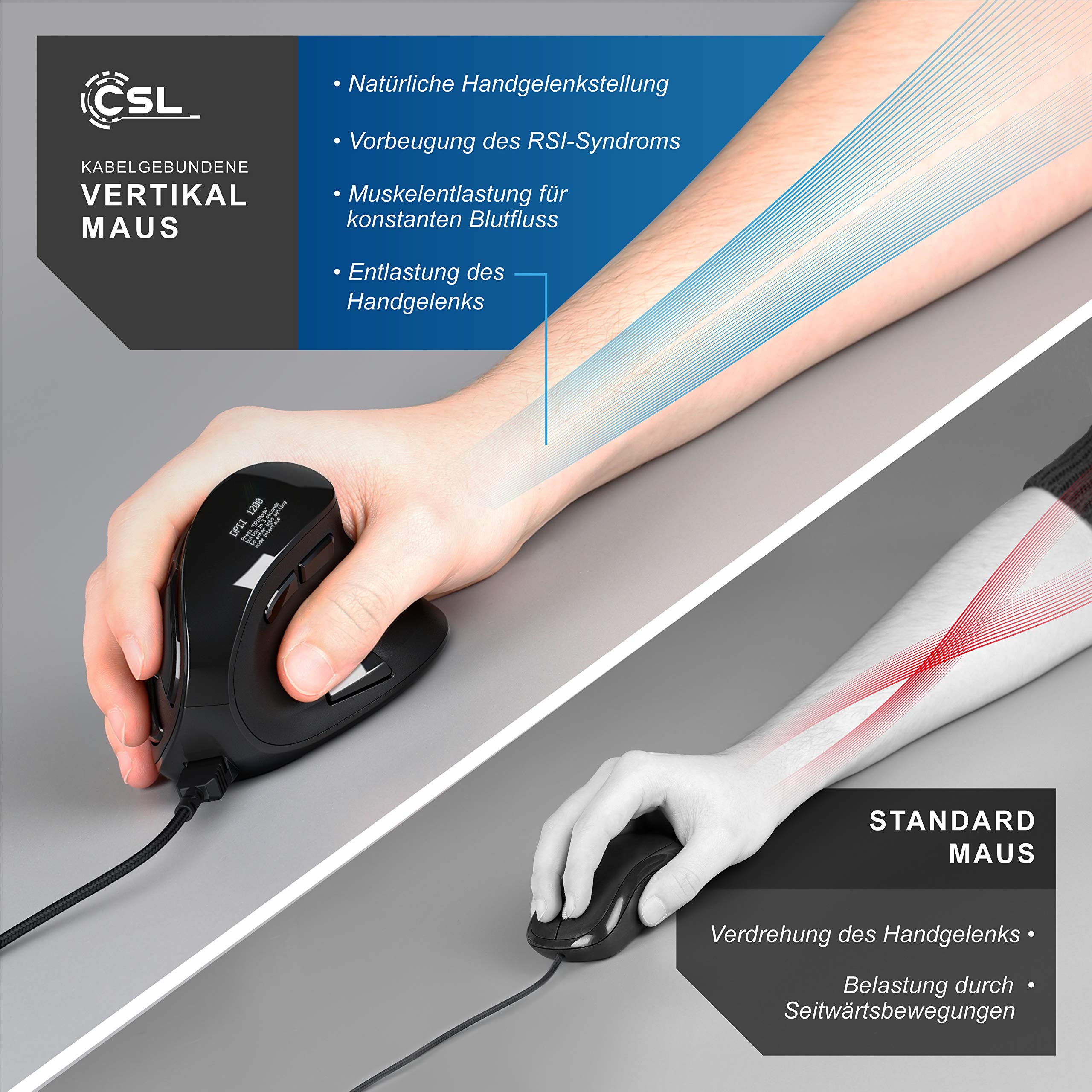 CSL - Gaming vertikale Maus mit OLED Display 2400 DPI - programmierbar ...