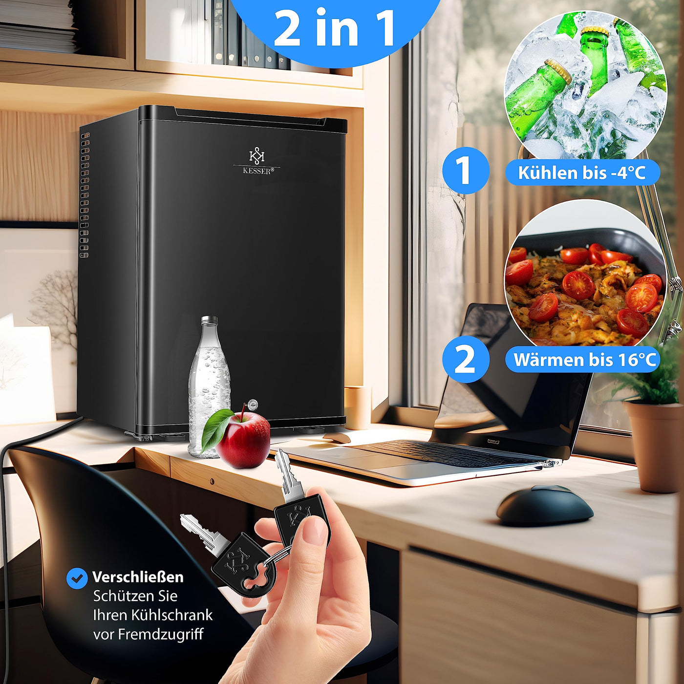 KESSER® Minikühlschrank mit Schloss, Minibar 40 Liter Nutzinhalt, Leise 22db, Abschließbar, Schlafzimmer, Wechselbarer Türanschlag, ca. 4°-16°C Höhe 57cm, Innenbeleuchtung Tisch-Kühlschrank Schwarz