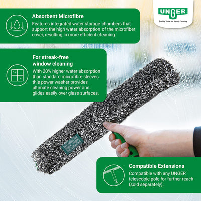 Unger ErgoTec Power Einwascher (Breite 35 cm, Mikrofaserbezug 100% Polyester, 2-Komponenten Griff, Bezug mit Klettverschluss, für streifenfreie Fenster) BC350