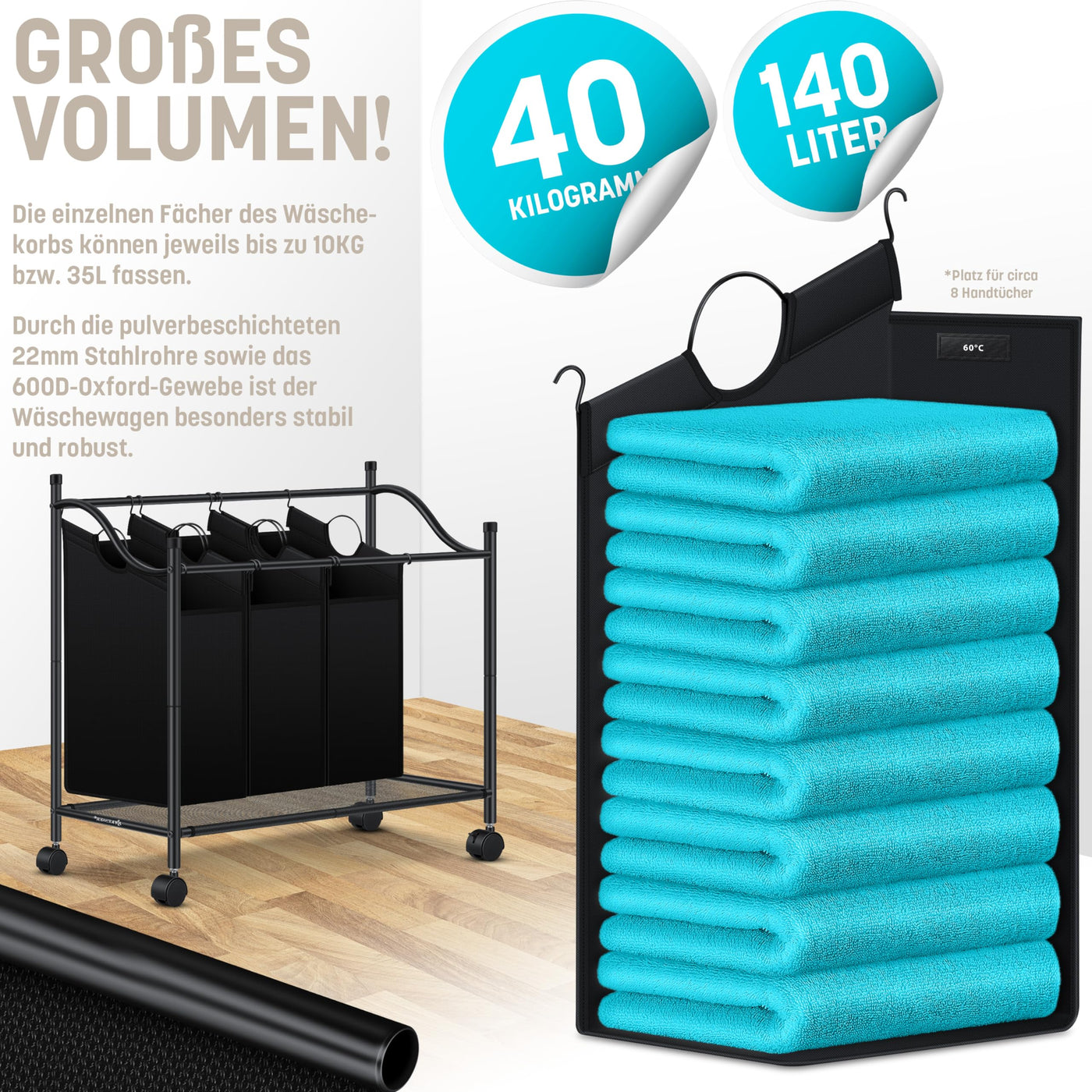 KESSER® Wäschekorb Wäschesammler Wäschesortierer mit 4 abnehmbaren Stofftaschen | 4 Fächer x 35 Liter | Wäschebox mit 12 Waschhinweisen 360° Rollen mit Bremse Wäsche-Sortiersystem Wäschewagen Schwarz