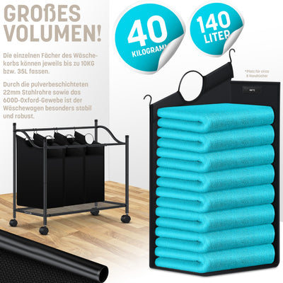KESSER® Wäschekorb Wäschesammler Wäschesortierer mit 4 abnehmbaren Stofftaschen | 4 Fächer x 35 Liter | Wäschebox mit 12 Waschhinweisen 360° Rollen mit Bremse Wäsche-Sortiersystem Wäschewagen Schwarz