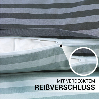 MALIKA Bettwäsche 135x200 Baumwolle, 2-teiliges Set, Streifenmuster, Wende Bettbezug 135 x 200 cm, Kissenbezug 80x80 cm, Renforcé, atmungsaktiv, maschinenwaschbar, Grau