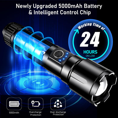 Blukar Taschenlampe LED Aufladbar, 500000 Lumen Extrem Hell Zoombare Taktische Taschenlampen Starke mit 5 Lichtmodi, IP67 Wasserdichte Flashlight Torch für Camping, Wandern, Outdoor, Angeln, Notfäll