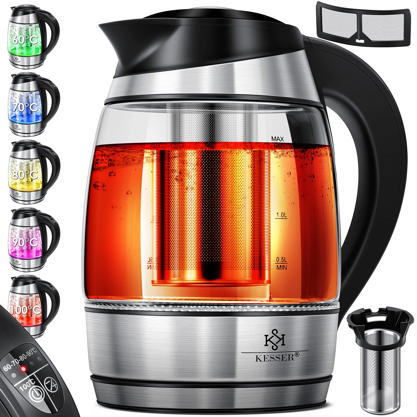 KESSER® Wasserkocher 1,8L Edelstahl mit LED Beleuchtung-Farbe je nach Temperaturwahl 60, 70, 80, 90, 100 °C | Glaswasserkocher ink. Teesieb-Einsatz und Kalk-Filter | Warmhaltefunktion